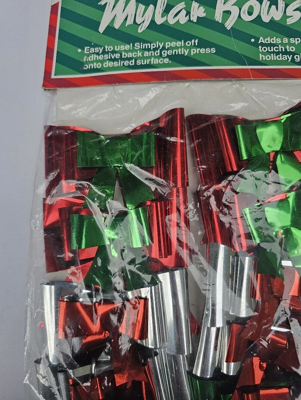 Vintage Set Of 12 Christmas Decorations Package Bows Foil Shiny Tags Wrapping